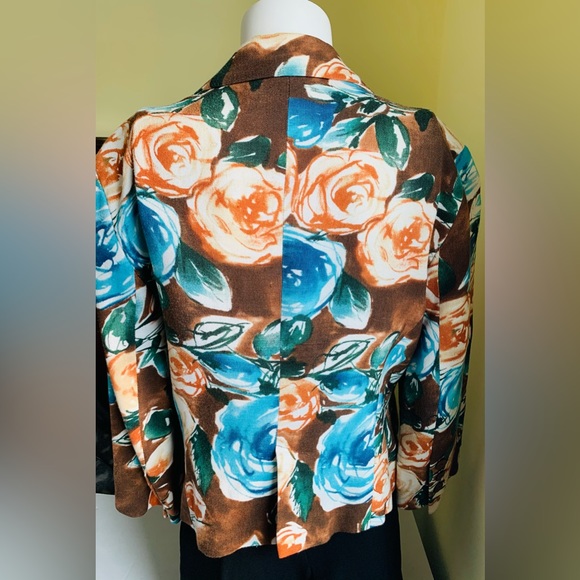 Zara floral light brown short blazer bright orange & blue roses collared US 10 - Picture 7 of 11